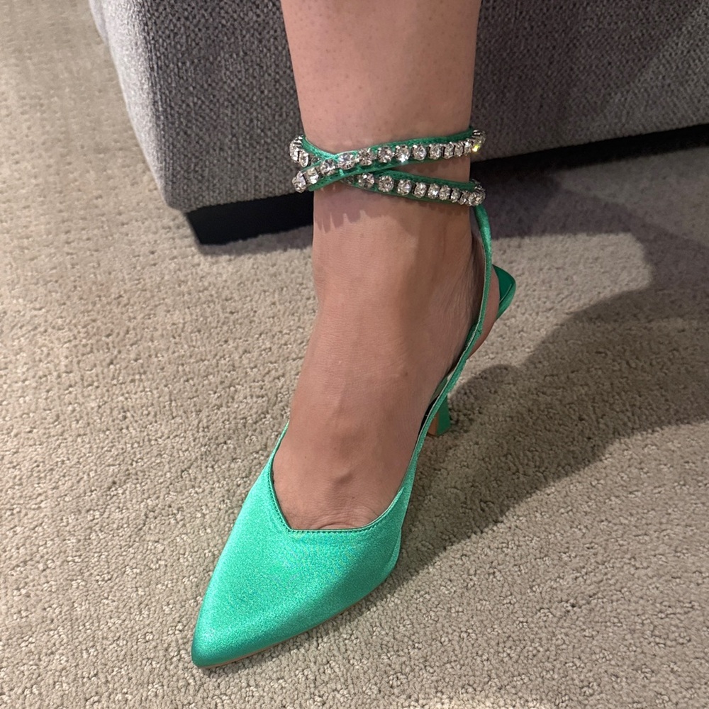Miss Lola Green Heels with Rhinestone Strap